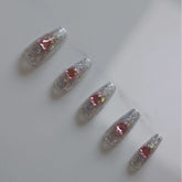 Bling Handmade Gel Press on Nails Medium Coffin 3D Pink Heart Glitter Design